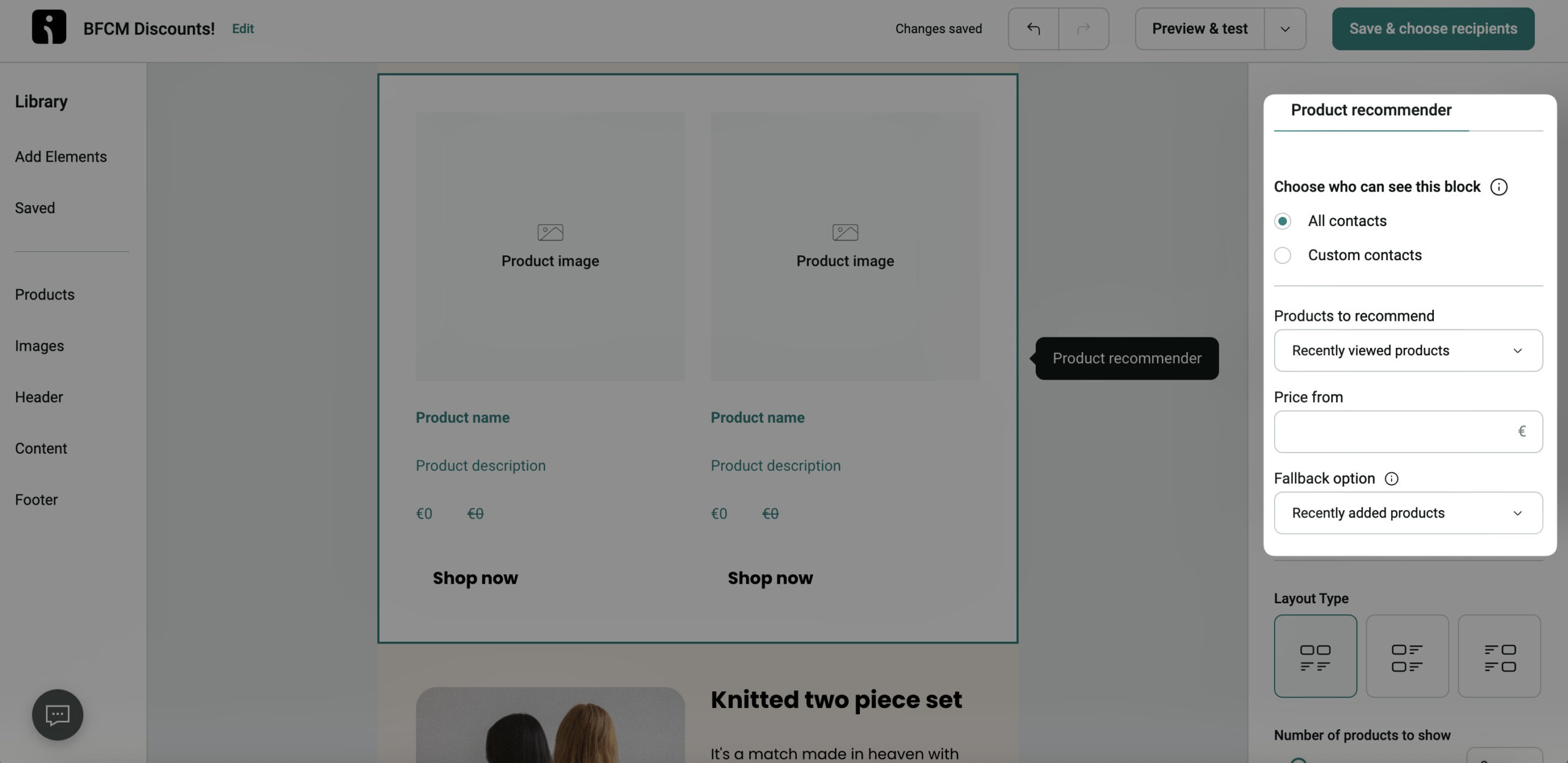 Lunar New Year marketing: A website editor interface displays product recommendation settings on the right, with options to choose recipients, recommend recently viewed products, and set price filters. The main section shows placeholders for product images and descriptions.