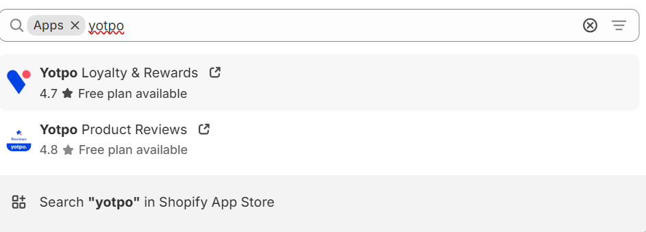 Shopify reviews alternatives: Shopify app search bar showing results for yotpo, with Yotpo Loyalty & Rewards (4.7 stars, free plan available) and Yotpo Product Reviews (4.8 stars, free plan available) listed.