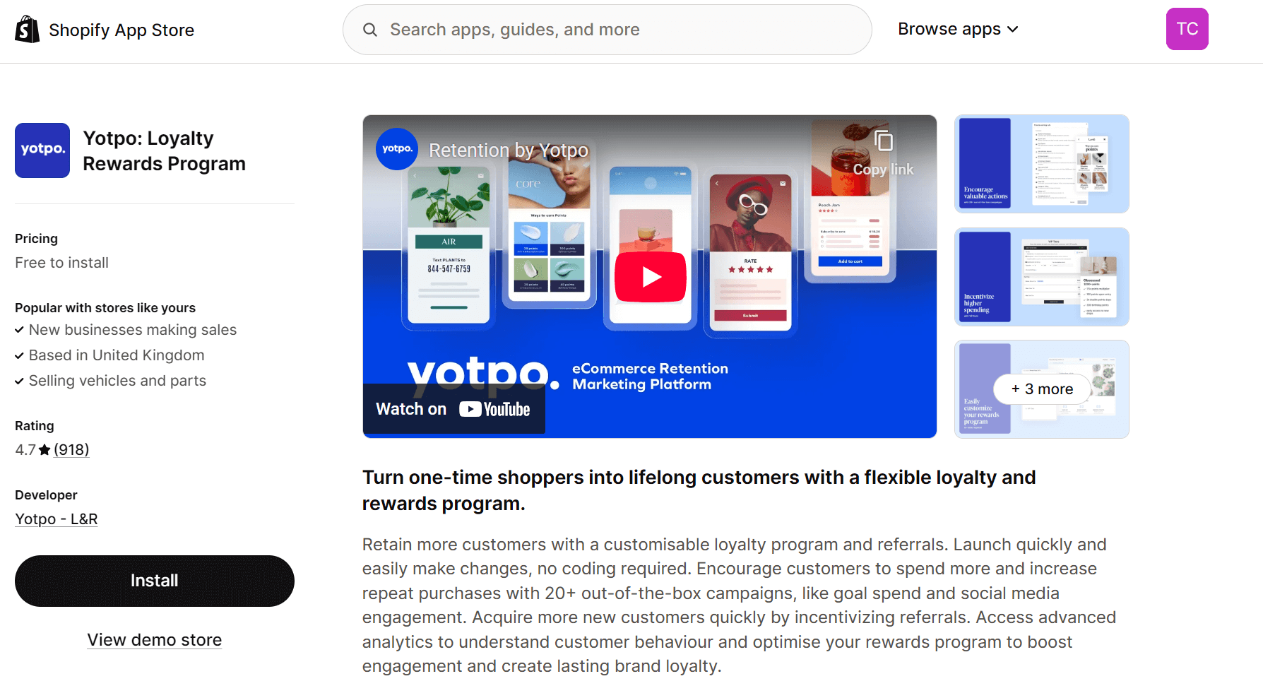 Shopify reviews alternatives: Screenshot of the Yotpo: Loyalty Rewards Program app page on Shopify App Store, showing app details, user rating, an install button, and a promotional image highlighting eCommerce retention marketing features.