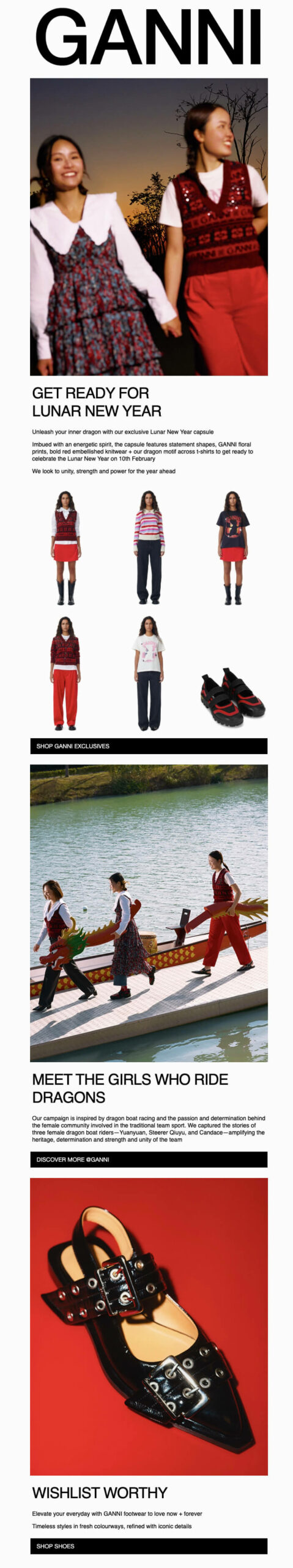 Lunar New Year marketing: GANNI promotional collage featuring women in bold red outfits, various new clothing and shoe items, a group rowing a dragon boat, and a close-up of black studded shoes. Text celebrates Lunar New Year and highlights a wishlist.