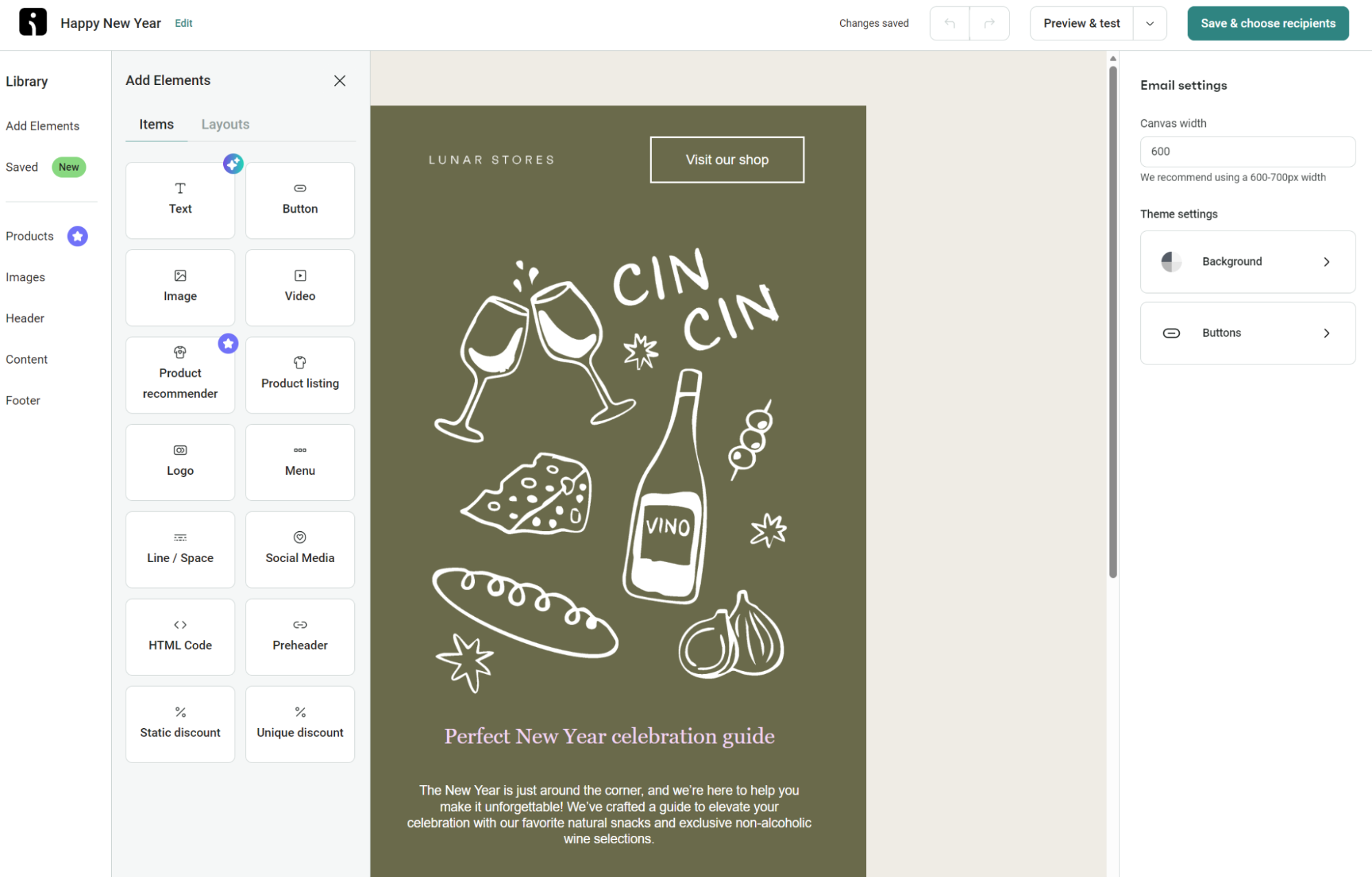 Omnisend vs MailerLite: Screenshot of an email editor interface showing a New Year celebration guide. The email features drawings of wine glasses, a bottle, cheese, and snacks, with CIN CIN written above. Options for editing and settings are visible on the sides.
