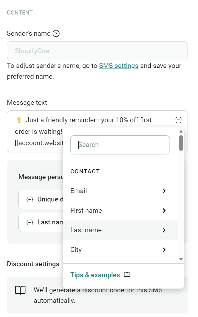 Automated text messages: A form interface for composing an SMS message features fields for sender’s name and message text. A dropdown menu to insert personalized fields like email, first name, last name, and city is open over the message text box.