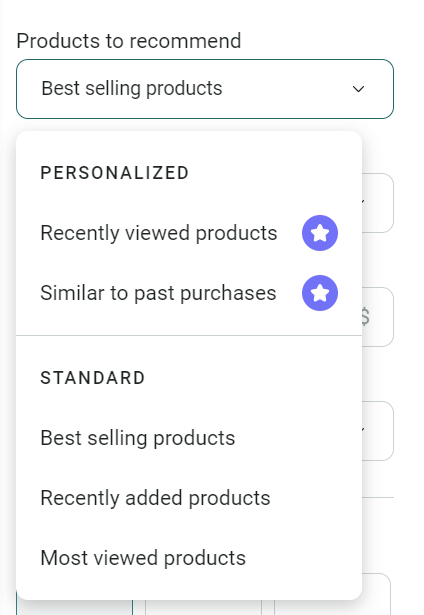 Omnisend vs MailerLite: A dropdown menu titled “Products to recommend” is open, showing options under “Personalized” and “Standard,” including recently viewed, similar to past purchases, best selling, recently added, and most viewed products.