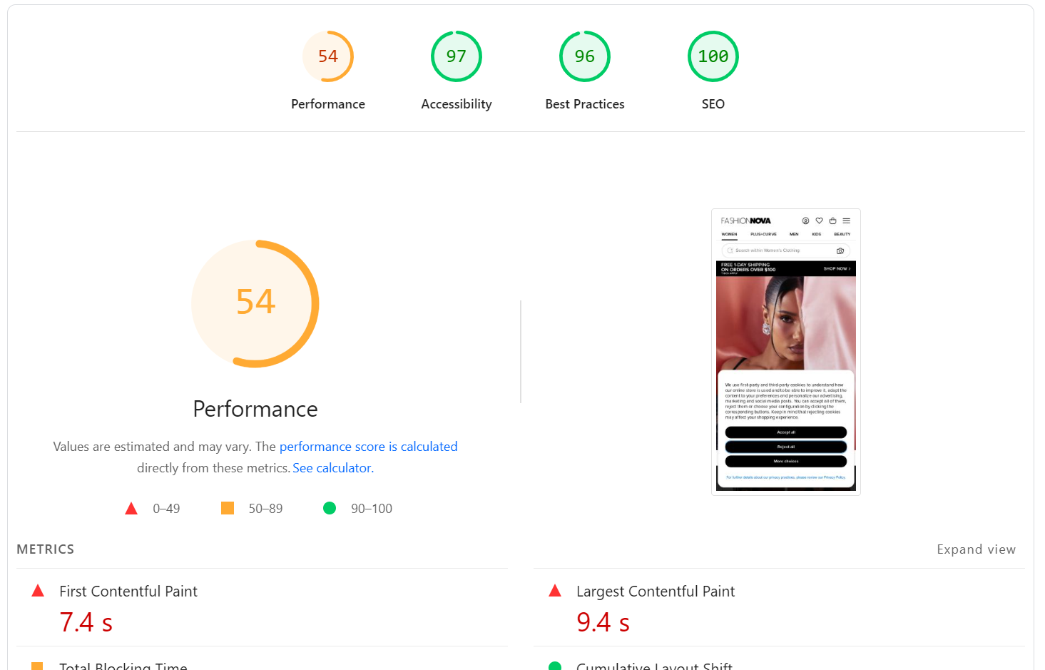 Shopify store maintenance: A website performance report shows scores: Performance 54, Accessibility 97, Best Practices 96, SEO 100. A mobile view of a webpage is displayed on the right, with key metrics and red warnings for slow performance below.