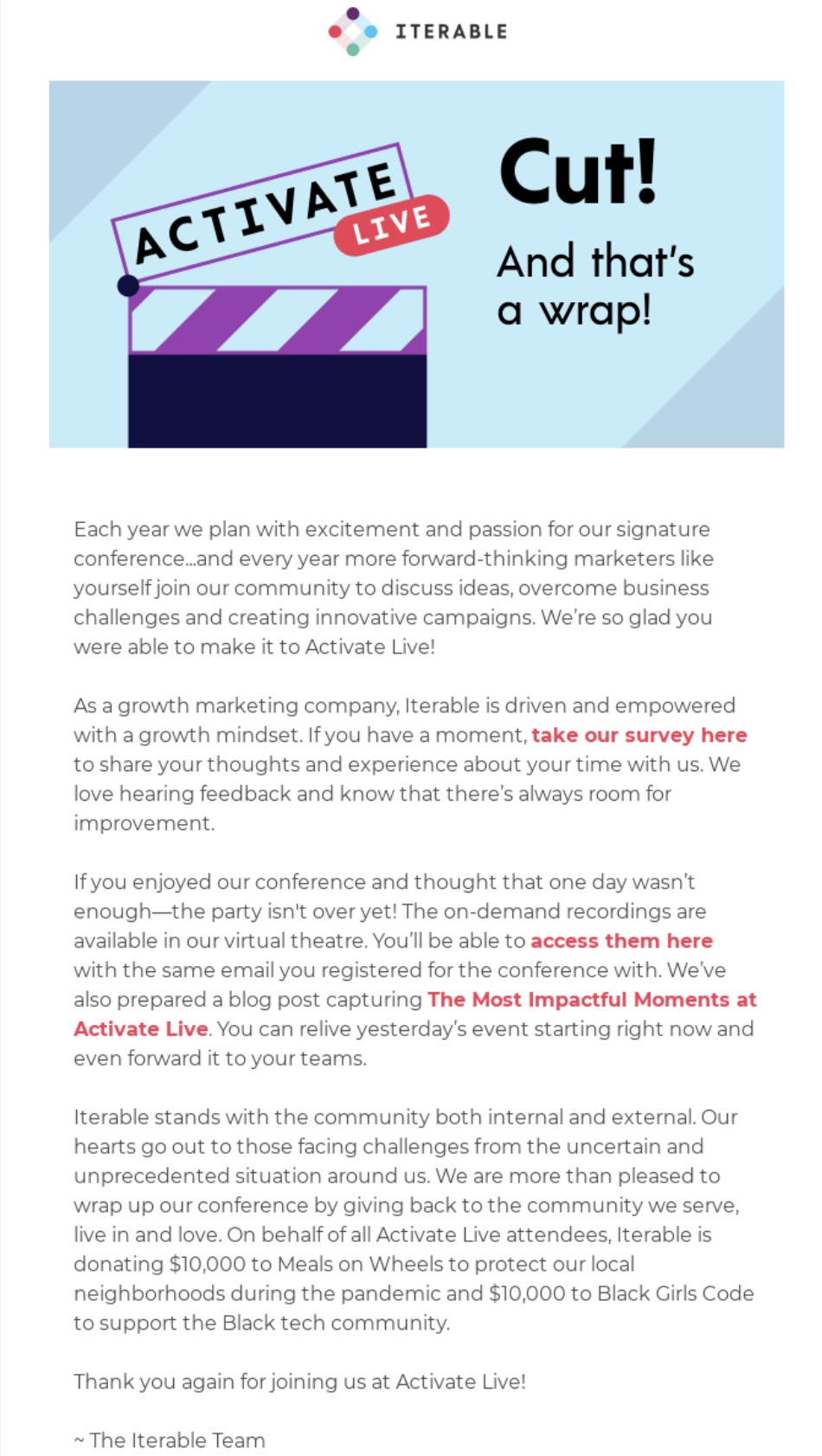 Thank you email templates: A promotional graphic from Iterable with the text Activate Live - Cut! And thats a wrap! above a letter thanking attendees, summarizing a recent Activate Live conference and announcing highlights and support for Black Girls Code.
