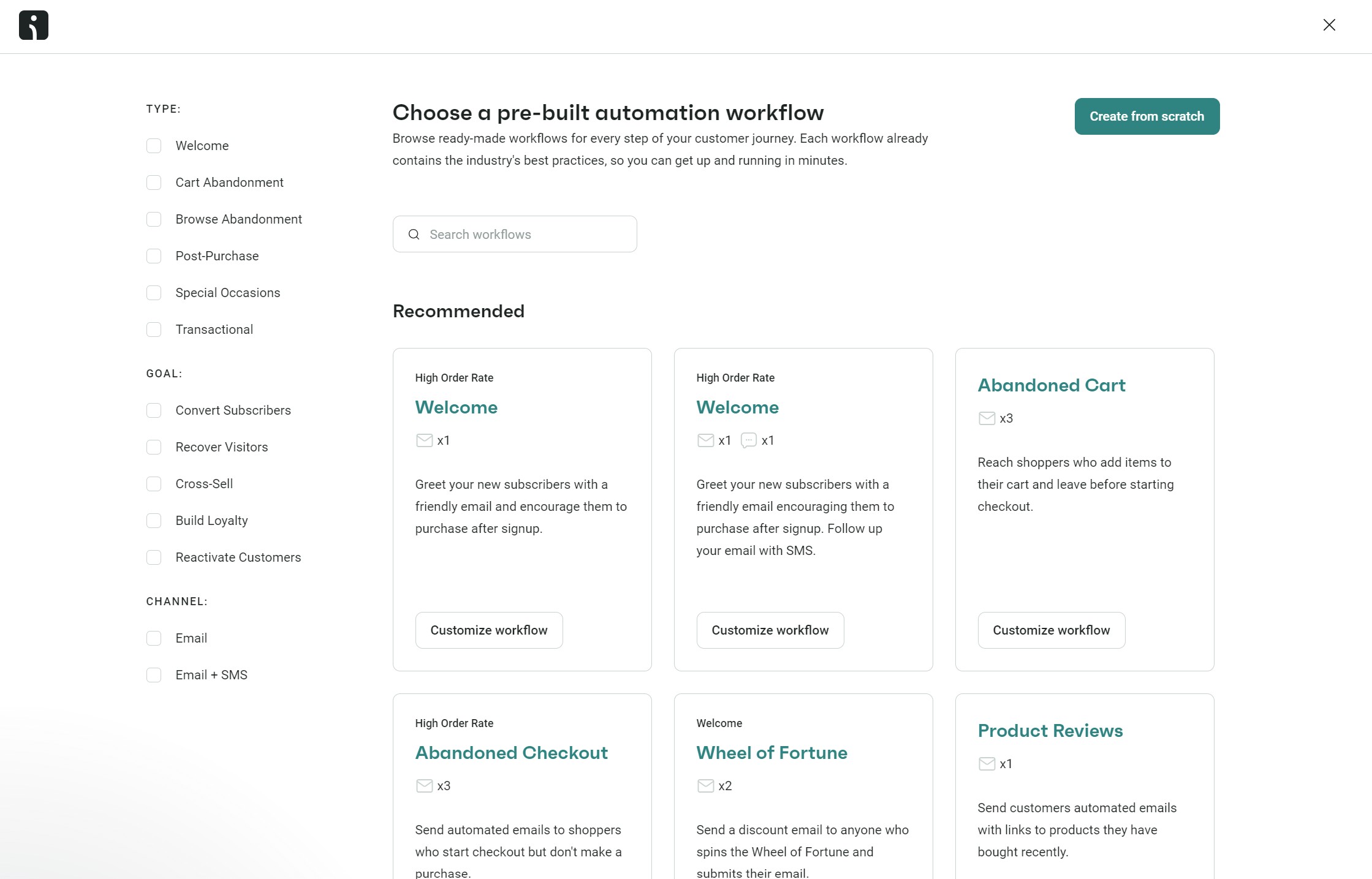 Omnisend vs MailerLite: A web page displays options for choosing a pre-built automation workflow. Categories on the left include type, goal, and channel. The main section shows workflows like Welcome, Abandoned Cart, and others with brief descriptions.