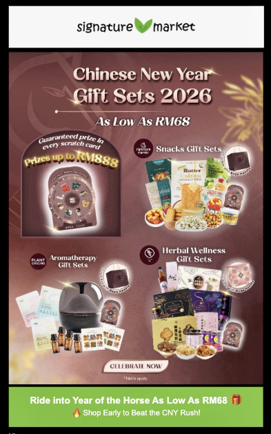 Lunar New Year marketing: Poster for Signature Market’s Chinese New Year Gift Sets 2026, featuring snacks, aromatherapy, and herbal wellness sets, prizes up to RM888, and a promotion to ride into the Year of the Horse with sets from RM68.