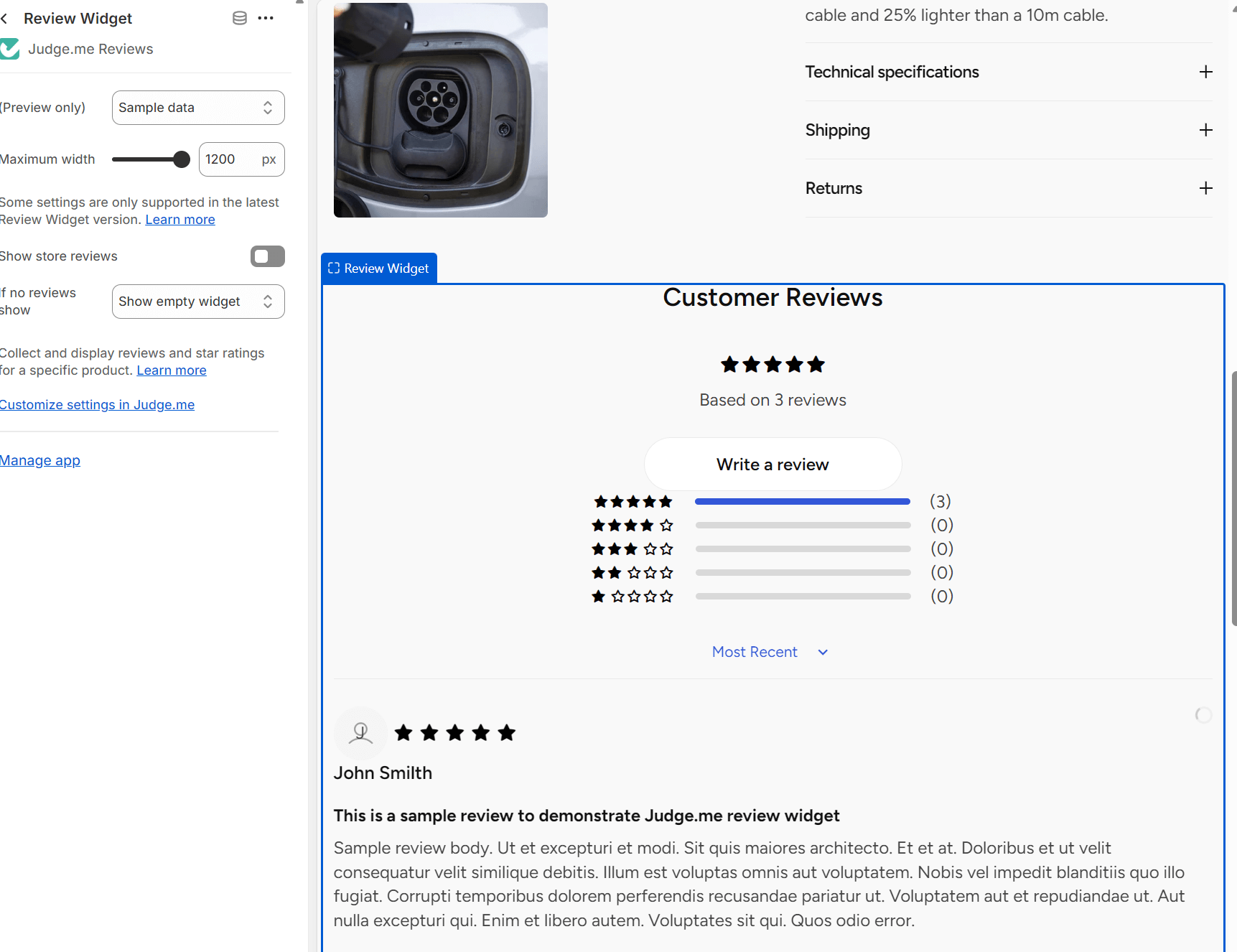 Shopify reviews alternatives: A webpage displays a customer reviews widget with a 4-star average rating from 3 reviews. Below, a sample review by John Smith is shown, and on the left, there are review widget settings and a photo of an electric vehicle charging port.