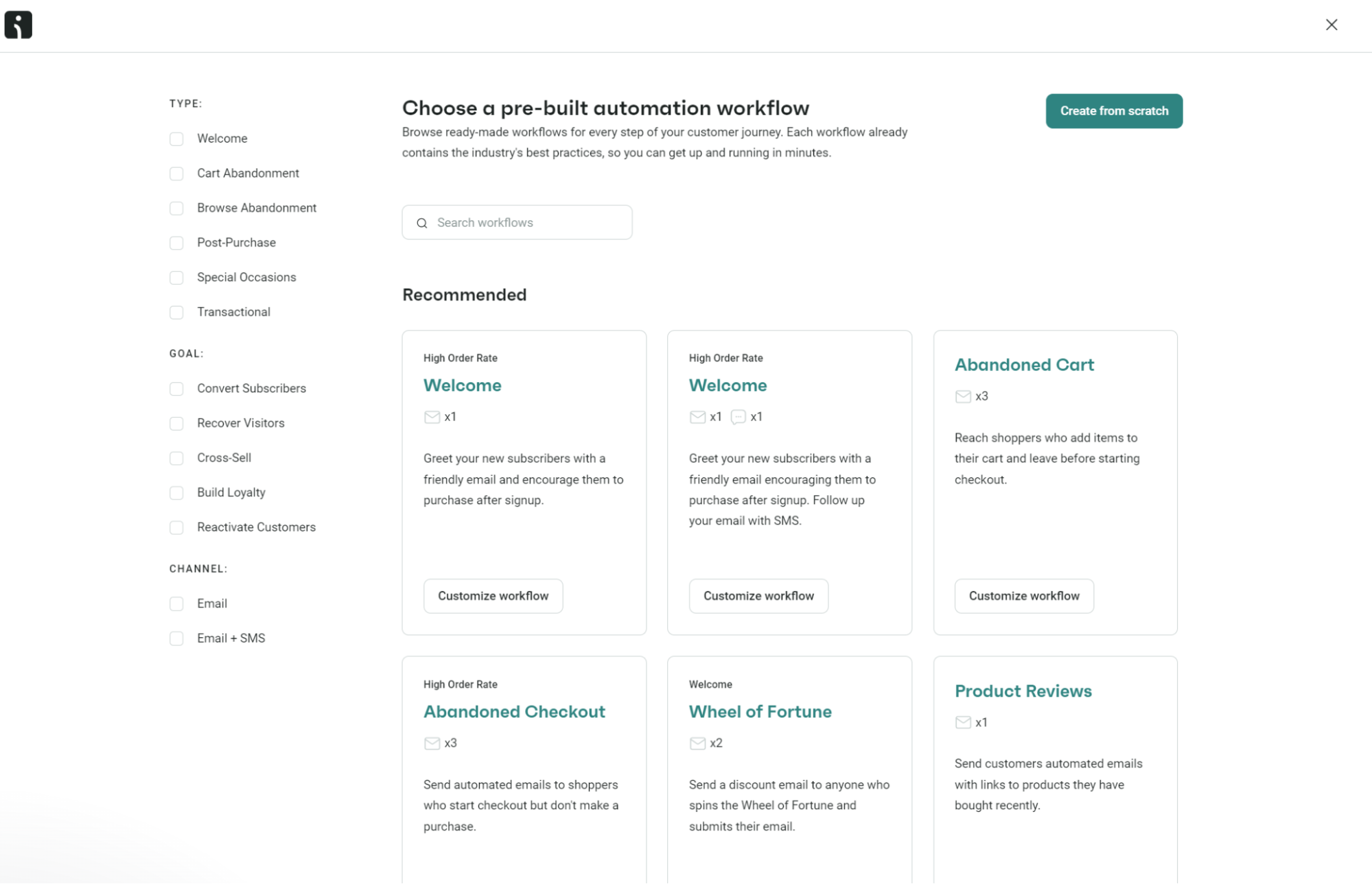 Automated text messages: A web page displaying options for choosing a pre-built automation workflow, with selectable categories on the left and several workflow cards—such as Welcome, Abandoned Cart, and Product Reviews—shown in the main area.