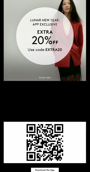 Lunar New Year marketing: A woman in a red blazer stands next to a circular text that reads: Lunar New Year: App Exclusive. Extra 20% Off. Use code EXTRA20. Below is a QR code and a Download the App button.