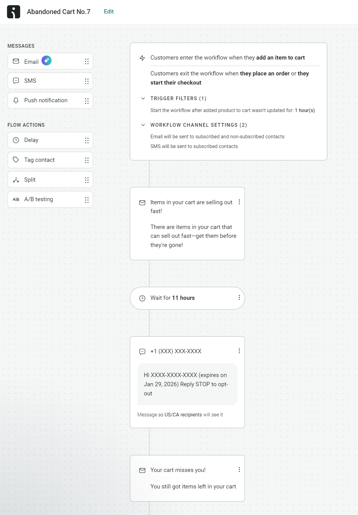Automated text messages: A marketing automation workflow for abandoned carts is shown, with steps for sending emails, SMS, and wait times. Steps include reminders about items left in the cart and options for follow-up actions.