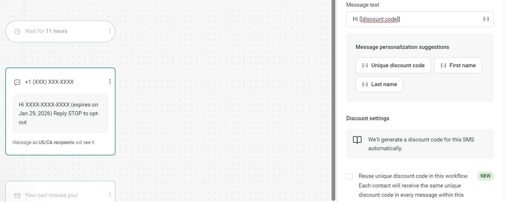 Automated text messages: A messaging platform interface showing an SMS template with a discount code placeholder, message personalization options, and discount settings on the right. The phone number and part of the message are visible on the left.