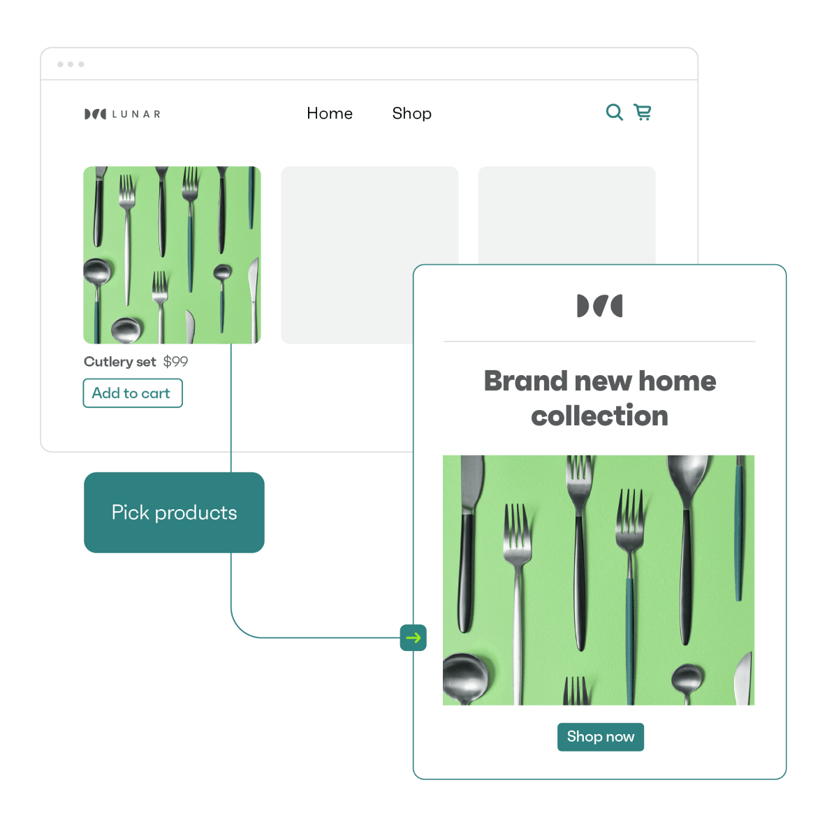 Omnisend vs MailerLite: Screenshot of an online shop showing a cutlery set on a green background, with options to add to cart or shop now. Headline reads “Brand new home collection.” Arrows indicate product selection steps.