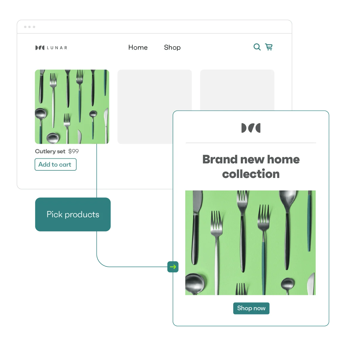 Omnisend vs MailerLite: Screenshot of an online shop showing a cutlery set on a green background, with options to add to cart or shop now. Headline reads “Brand new home collection.” Arrows indicate product selection steps.