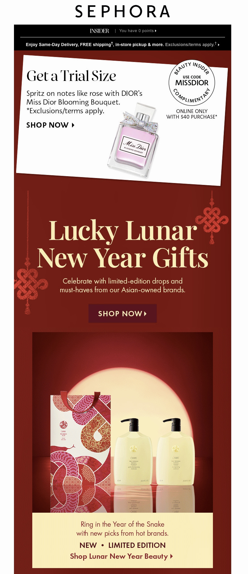 Lunar New Year marketing: A Sephora ad highlights Lunar New Year gifts with Asian-owned brands, a Dior perfume trial size offer, limited-edition beauty sets, and gold floral design accents on a red background.