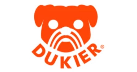 Customer acquisition strategies: Logo of a stylized orange dog face with floppy ears and curved lines on its snout, above the word DUKIER in bold, uppercase letters, all on a white background.