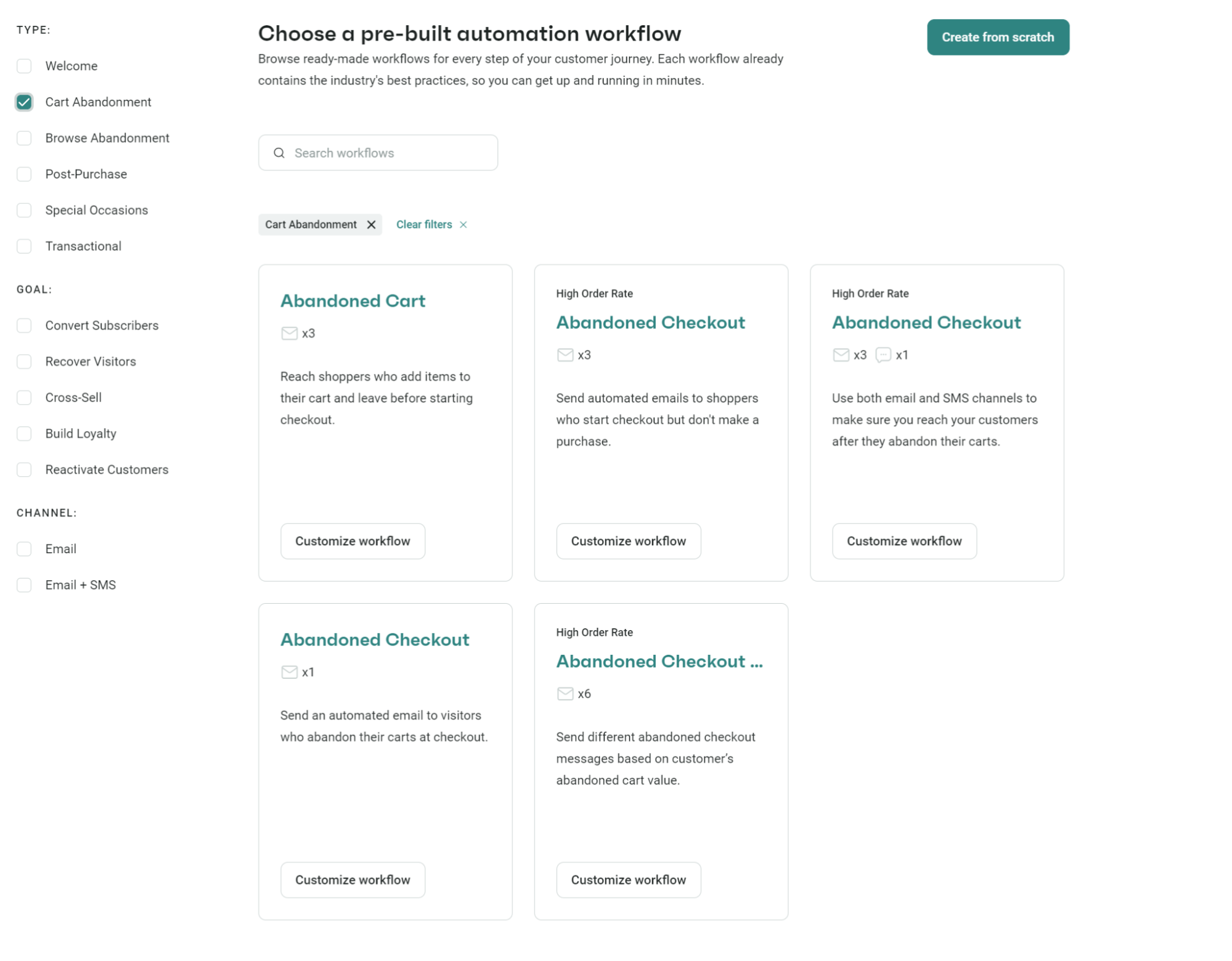 Omnisend vs MailerLite: A webpage displays pre-built automation workflow options for e-commerce, including Abandoned Cart and Abandoned Checkout, with filters on the left and buttons to customize or view each workflow.