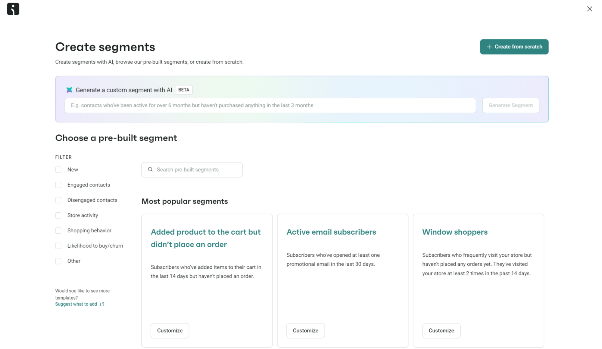 Automated text messages: A webpage for creating customer segments displays options to generate a custom segment or choose from pre-built segments like Added product to the cart, Active email subscribers, and Window shoppers.