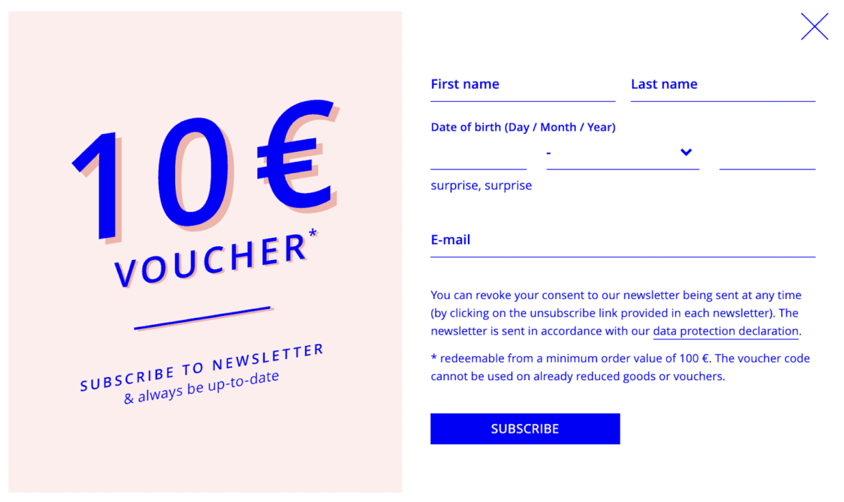 Omnisend vs MailerLite: A 10€ voucher offer for subscribing to a newsletter, with fields to enter first name, last name, date of birth, and email. The voucher is redeemable on orders over 100€. A blue subscribe button is shown.