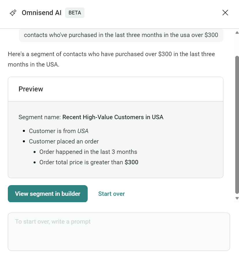 Omnisend vs MailerLite: A screenshot of the Omnisend AI tool showing a preview of a customer segment named Recent High-Value Customers in USA with criteria for recent purchases over $300 in the last three months.
