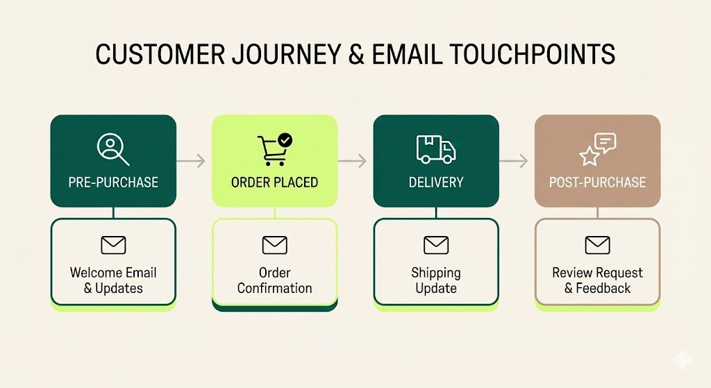 Customer service email: A flowchart showing the customer journey and email touchpoints: pre-purchase (welcome email & updates), order placed (order confirmation), delivery (shipping update), and post-purchase (review request & feedback).
