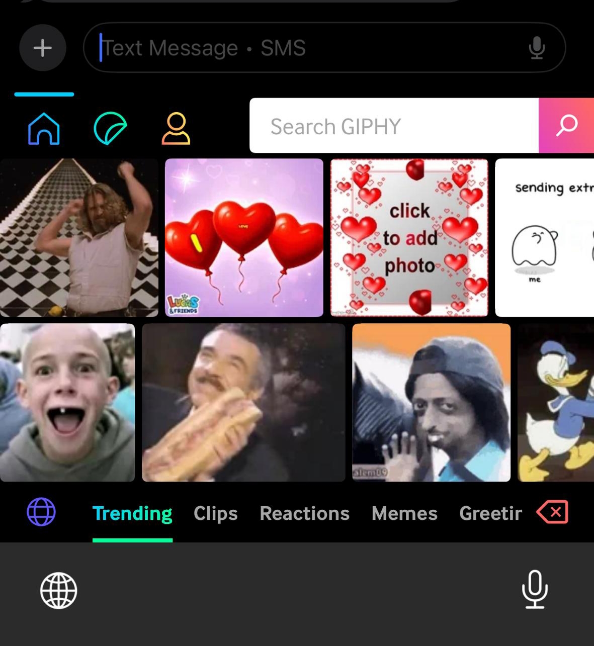 How to add GIF to text: A phone screen shows a messaging app’s GIF search interface. Various trending GIFs are displayed, including people reacting, hearts, a click to add photo placeholder, and Donald Duck in the bottom right corner.