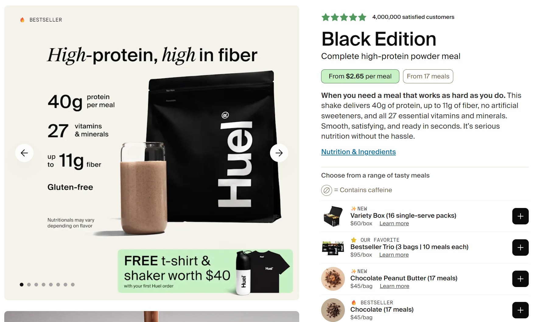 Marketing funnel: A promotional image for Huel Black Edition protein powder shows a smoothie in a glass, a black Huel pouch, and text highlighting 40g protein, 11g fiber, gluten-free, plus a free T-shirt and shaker offer worth $40.