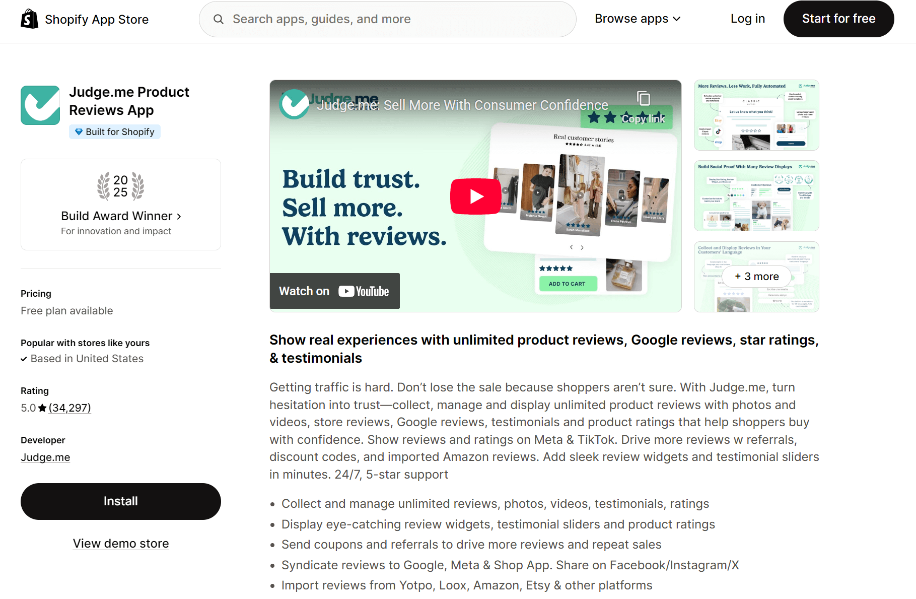 Shopify reviews alternatives: Screenshot of the Judge.me Product Reviews App page on the Shopify App Store, showing the app’s description, ratings, features list, pricing info, and a main banner with the text “Build trust. Sell more. With reviews.”.