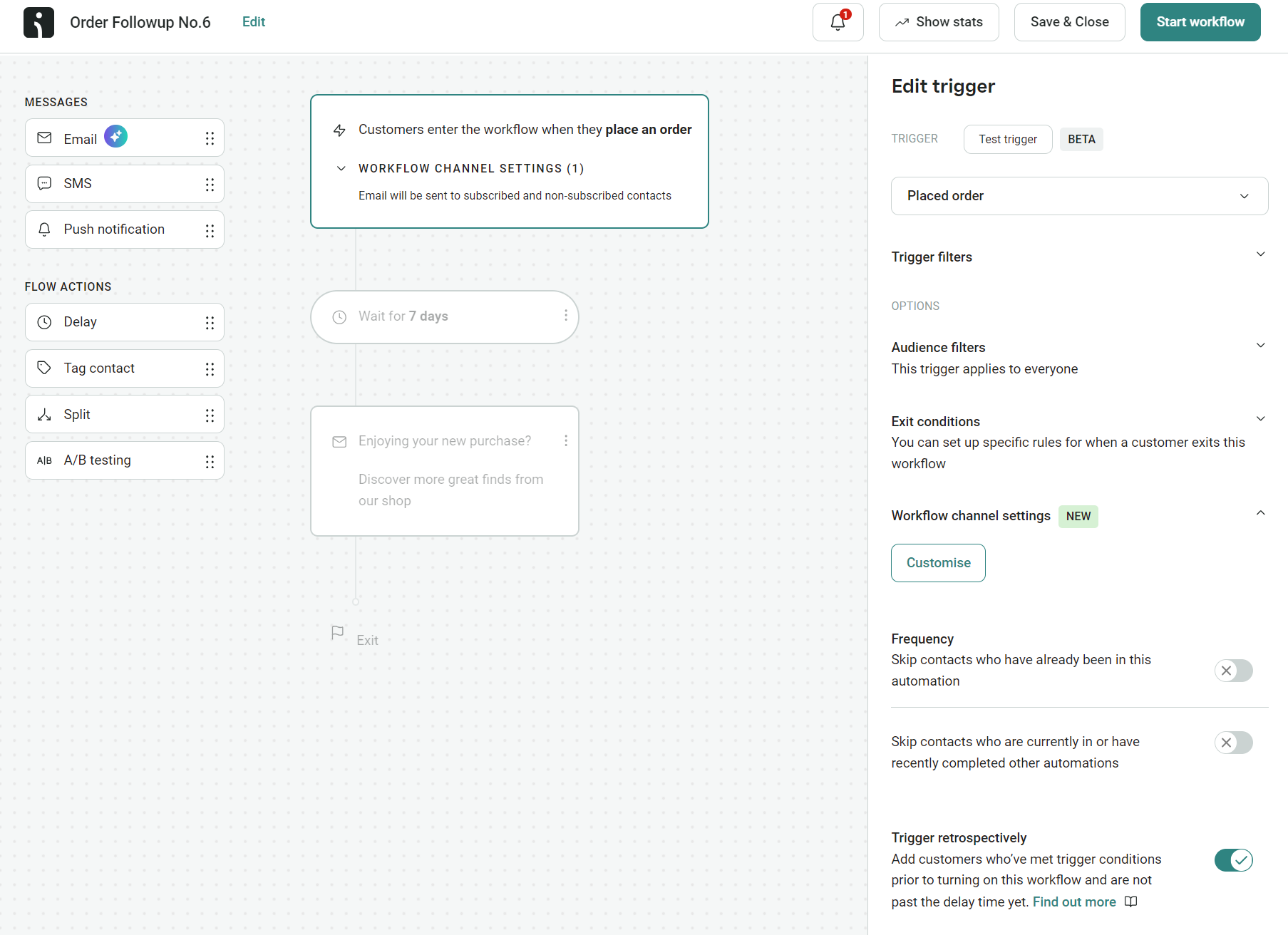 Side hustle ideas: A workflow automation interface for order follow-up shows email and SMS messages, delay steps, and trigger settings. The right panel displays options for editing the trigger and workflow channel settings.