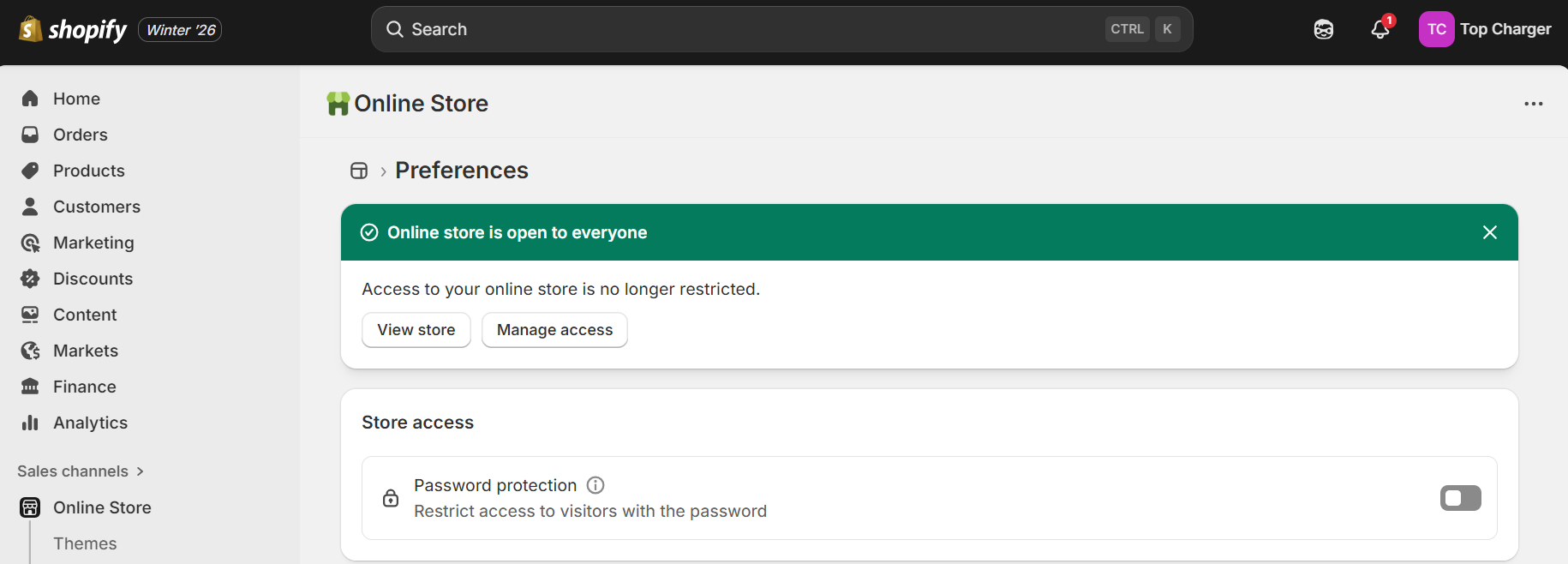 Shopify store maintenance: Shopify dashboard showing Online Store Preferences. A green banner indicates the online store is open to everyone. Options include “View store,” “Manage access,” and settings for password protection below.