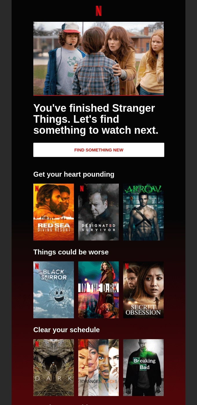 Email personalization: A Netflix recommendation screen suggests shows after finishing Stranger Things. It displays rows of series including Mindhunter, Arrow, Black Mirror, Designated Survivor, and Breaking Bad, with their cover images.