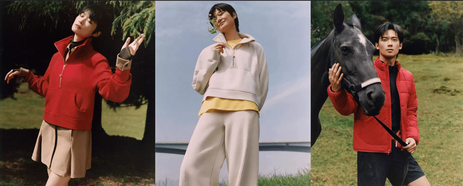Lunar New Year marketing: Three people pose outdoors in casual outfits: left, a person in a red jacket and beige skirt stretches arms; center, a person in a cream jacket and pants holds a flower; right, a person in a red jacket stands beside a black horse.