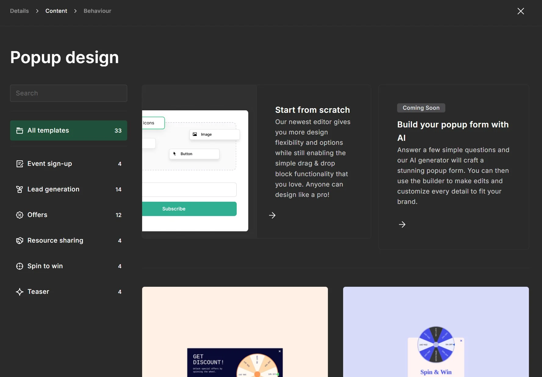 Omnisend vs MailerLite: A web interface displays a “Popup design” section with template categories on the left and preview cards in the center. Cards include “Start from scratch” and a “Build your popup form with AI” feature labeled as “Coming Soon.”.