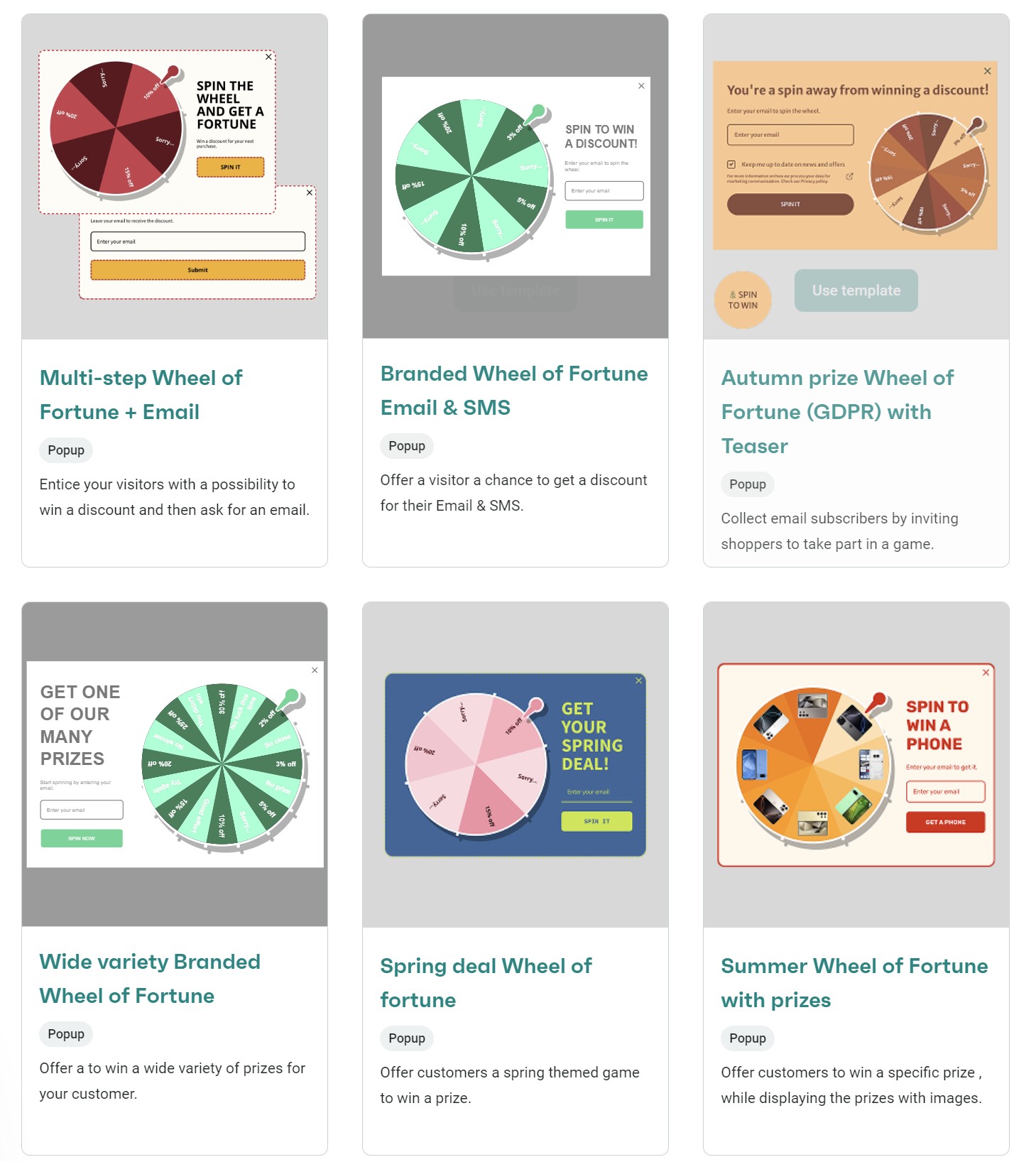 Omnisend vs MailerLite: A grid of six digital Wheel of Fortune style popups, each with a colorful spinning wheel and a unique design for different promotions, such as email collection, discounts, and seasonal campaigns.
