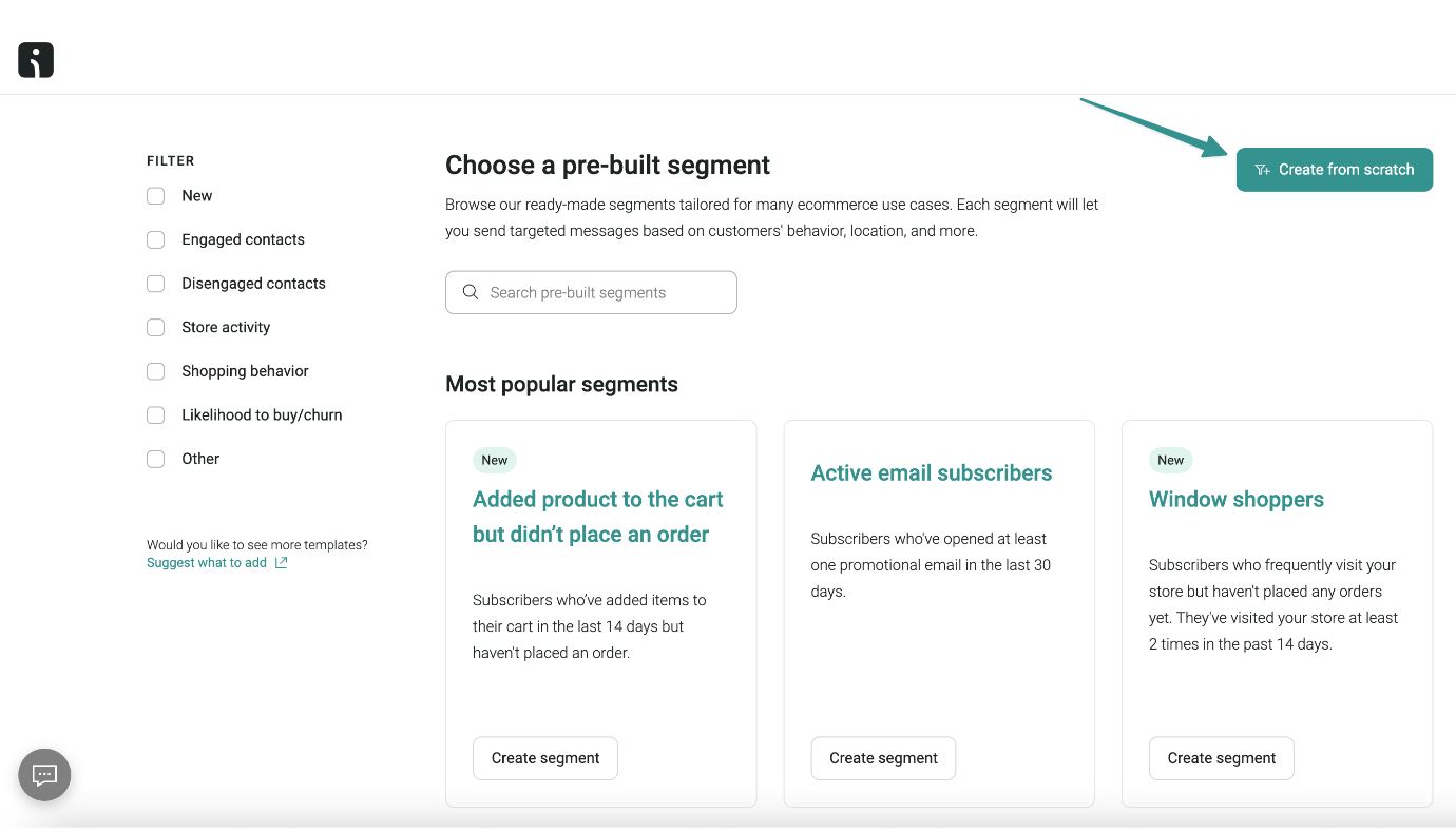 Omnisend vs MailerLite: A dashboard interface displays options to choose a pre-built segment for ecommerce use. An arrow points to a green Create from scratch button in the upper right corner. Popular segments are listed below with brief descriptions.