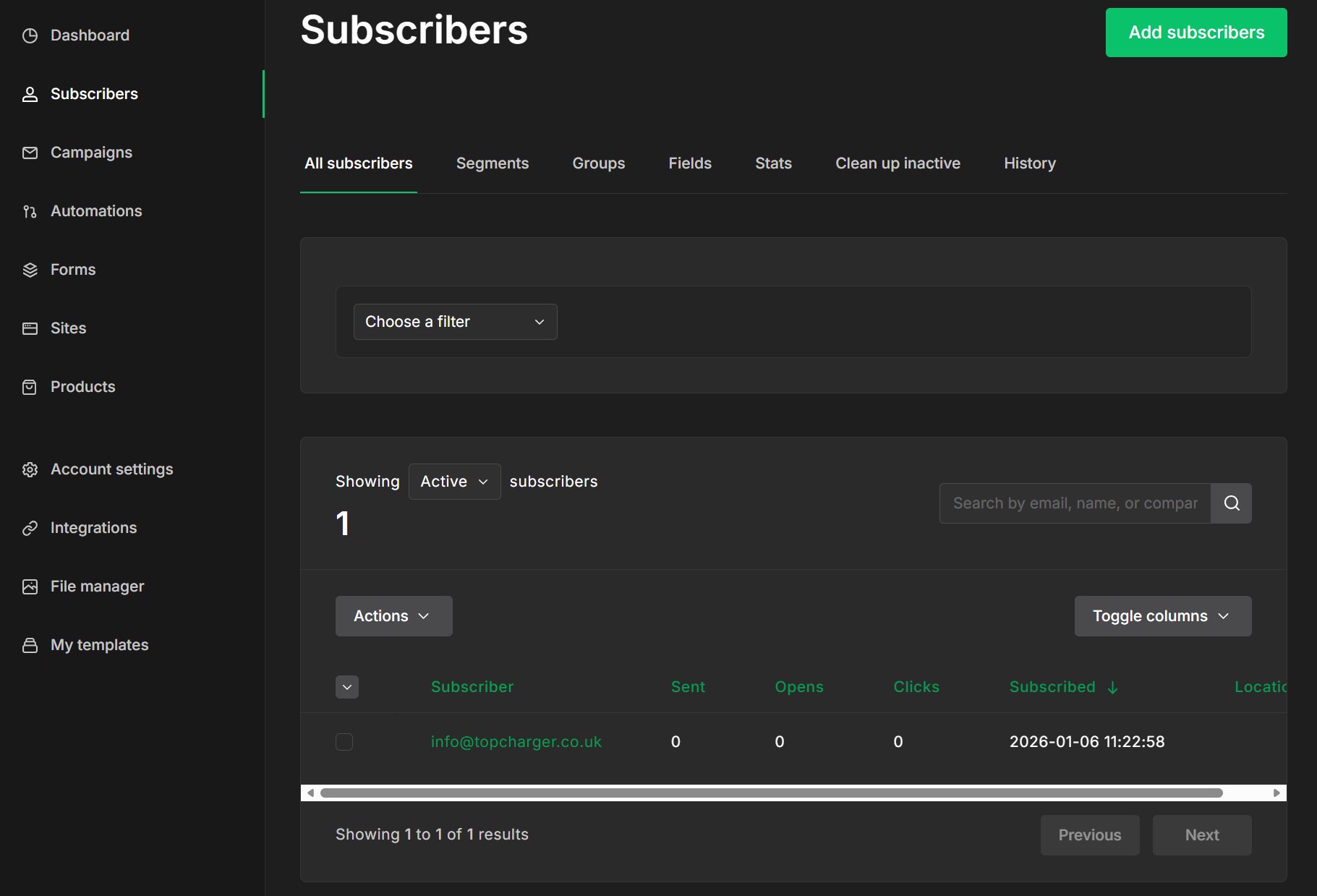 Omnisend vs MailerLite: A dashboard page titled Subscribers displays subscriber management options. One subscriber entry is shown with email, sent, opens, and clicks statistics, plus filters and an Add subscribers button.