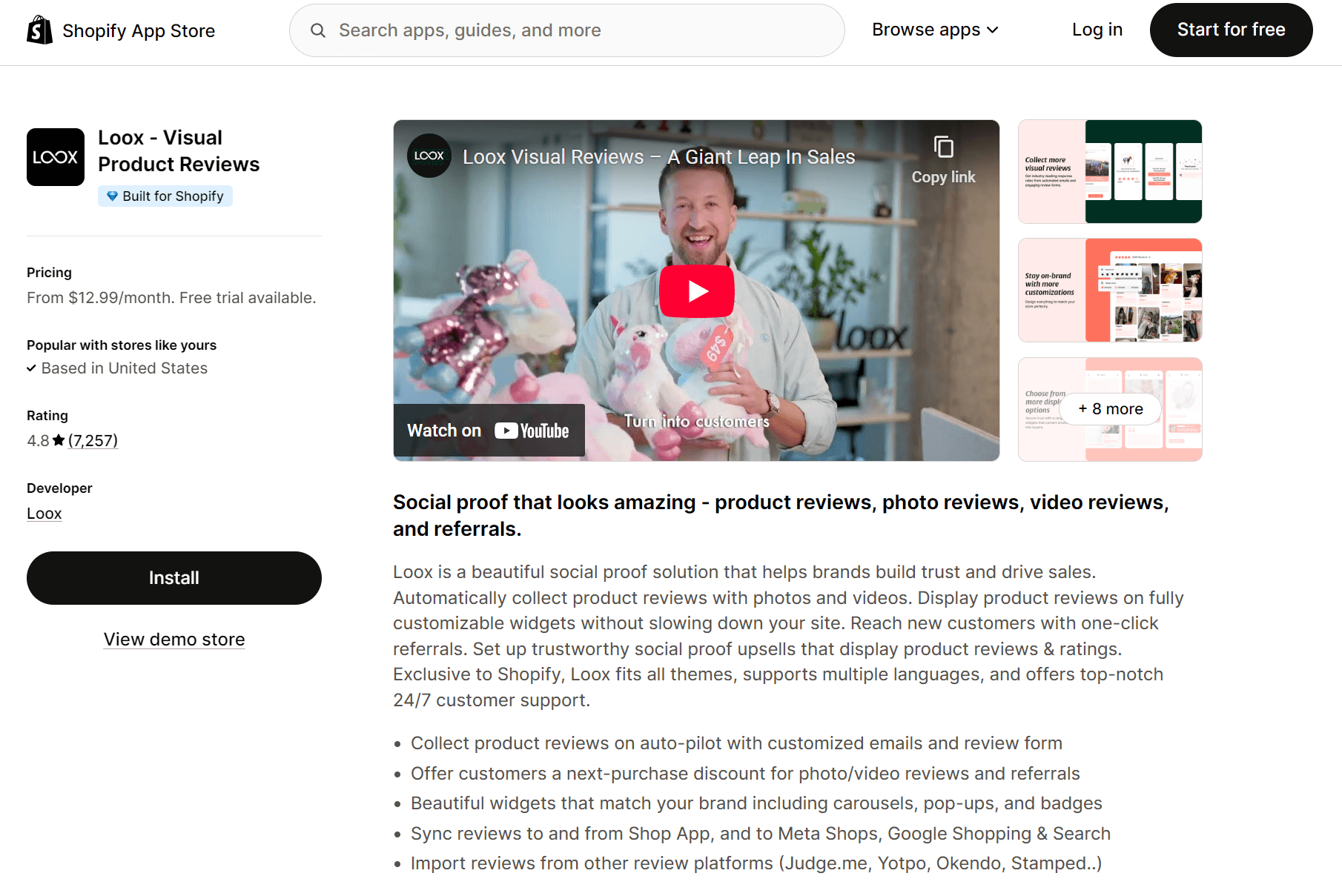 Shopify reviews alternatives: A Shopify App Store page for Loox - Visual Product Reviews, showing app details, a video thumbnail of a person holding a gift, pricing info, ratings, and key features of the review platform.