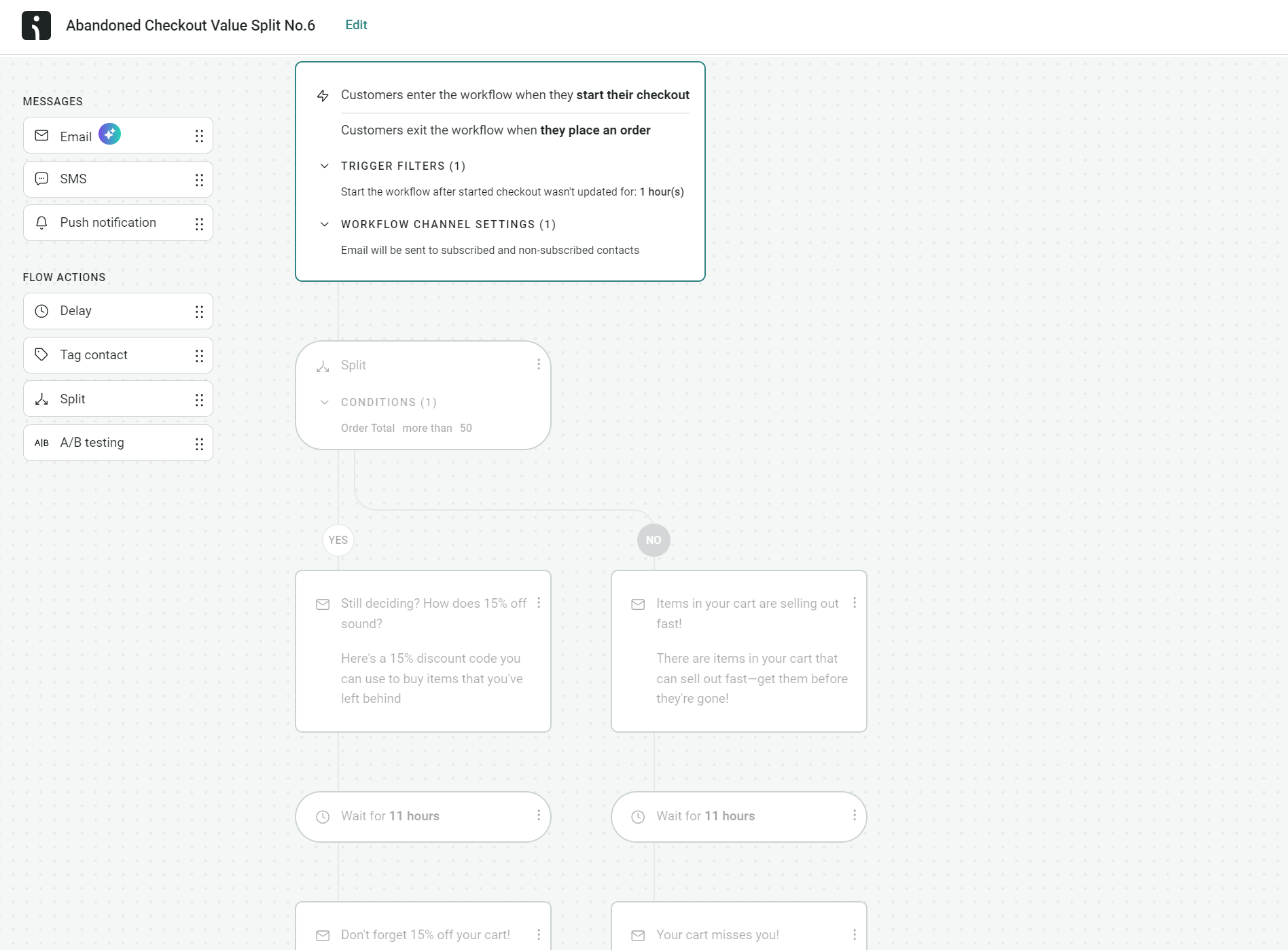 Attentive vs Klaviyo: A workflow editor for abandoned checkout emails, showing trigger and channel settings, delay options, and a flowchart with steps for sending emails to customers who abandon their shopping carts.