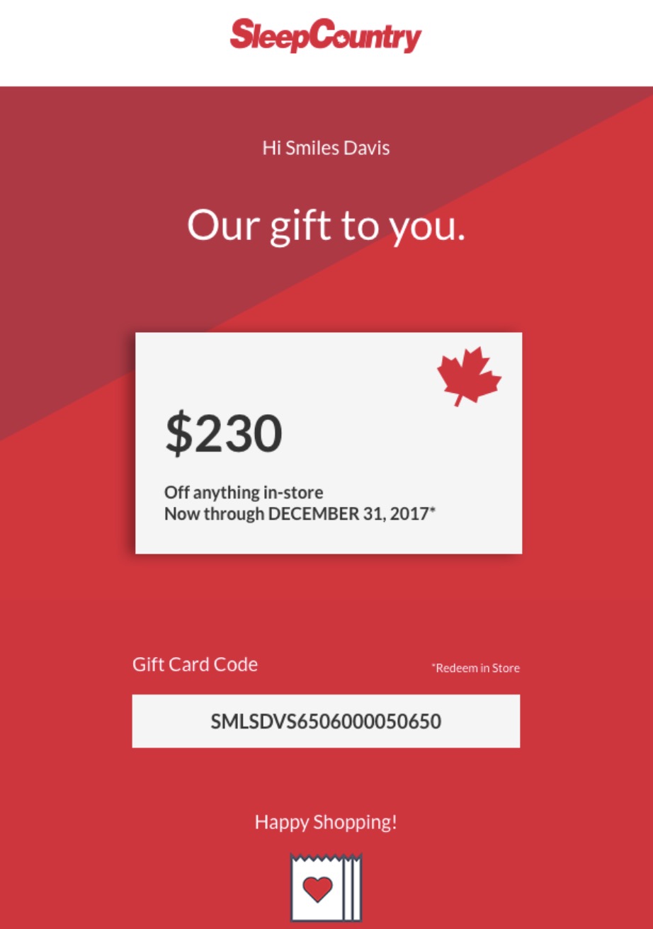 Thank you email templates: A Sleep Country gift card for $230, valid in-store through December 31, 2017, addressed to Smiles Davis with a gift card code below and a small Canadian flag icon.