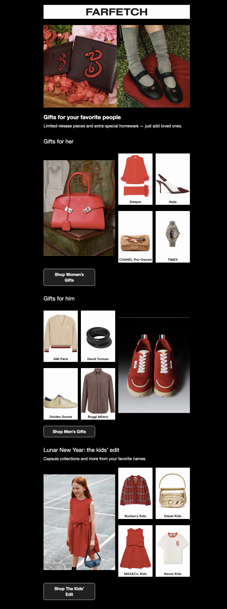 Lunar New Year marketing: A FARFETCH email ad shows gift ideas for women, men, and kids, featuring images of designer bags, shoes, and clothing in red, black, and brown tones, with sections to shop gifts for him, her, and children.