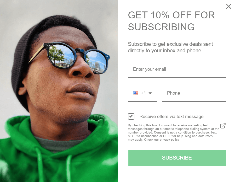 Side hustle ideas: A person wearing a black beanie, sunglasses, and a green hoodie stands outdoors. Next to them is a subscription form offering 10% off for signing up with an email and phone number to receive exclusive deals via text.