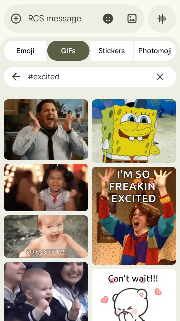 How to add GIF to text: A phone screen displays a GIF search for excited, showing animated images of people and characters expressing excitement, including a man clapping, SpongeBob, happy children, and text saying IM SO FREAKIN EXCITED.