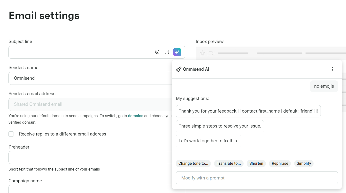 Customer service email: A screenshot of an email settings page with a popup from Omnisend AI suggesting email responses like “Thank you for your feedback” and “Let’s work together to fix this.” Options to change tone, translate, and simplify are visible.