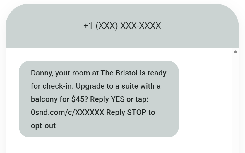Automated text messages: A text message offers a Bristol hotel guest a $45 suite upgrade with balcony, includes a reply link, and gives instructions to reply YES to accept or STOP to opt out. Phone number is partially hidden.