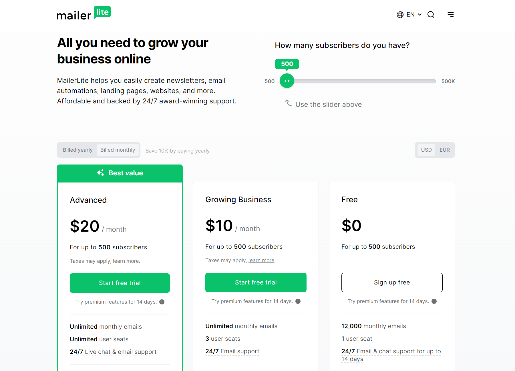 Omnisend vs MailerLite: Screenshot of MailerLite pricing plans page, showing three options: Advanced ($20/month), Growing Business ($10/month), and Free ($0/month), each for up to 500 subscribers, with features listed below each plan.