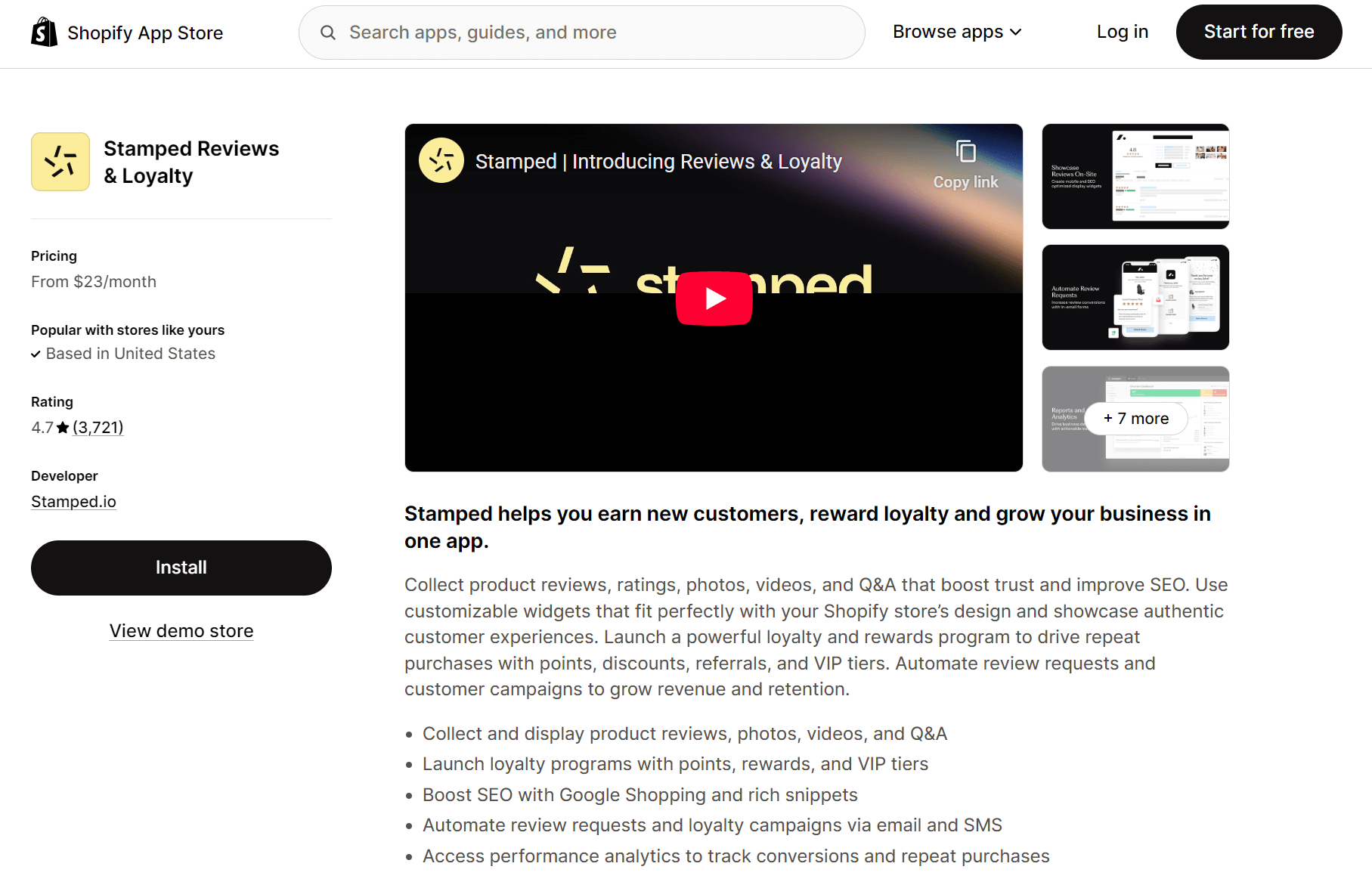Shopify reviews alternatives: Shopify App Store listing for Stamped Reviews & Loyalty showing app details, an intro video, screenshots, ratings, pricing, and an Install button on a white background.