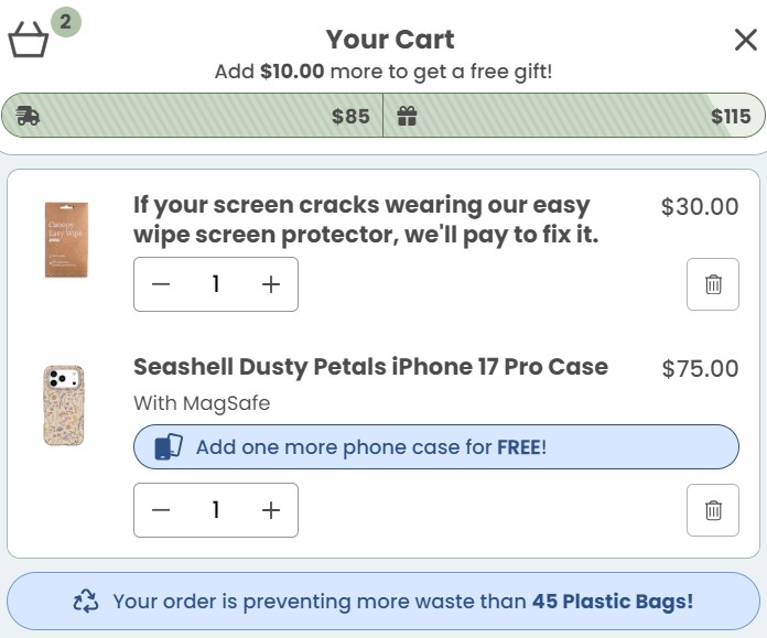 Marketing funnel: A shopping cart screen showing two items: a $30 screen protector with a screen repair offer, and a $75 floral iPhone 17 case. A banner says the order prevents more waste than 45 plastic bags.