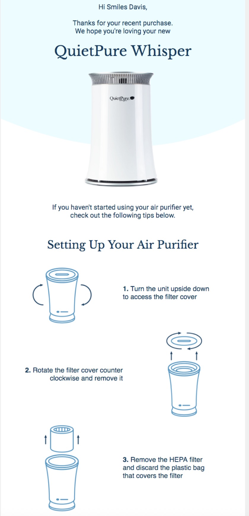 Thank you email templates: An instructional guide for the QuietPure Whisper air purifier, showing steps to turn off the unit, rotate and remove the filter cover, and take out and discard the plastic bag covering the HEPA filter.