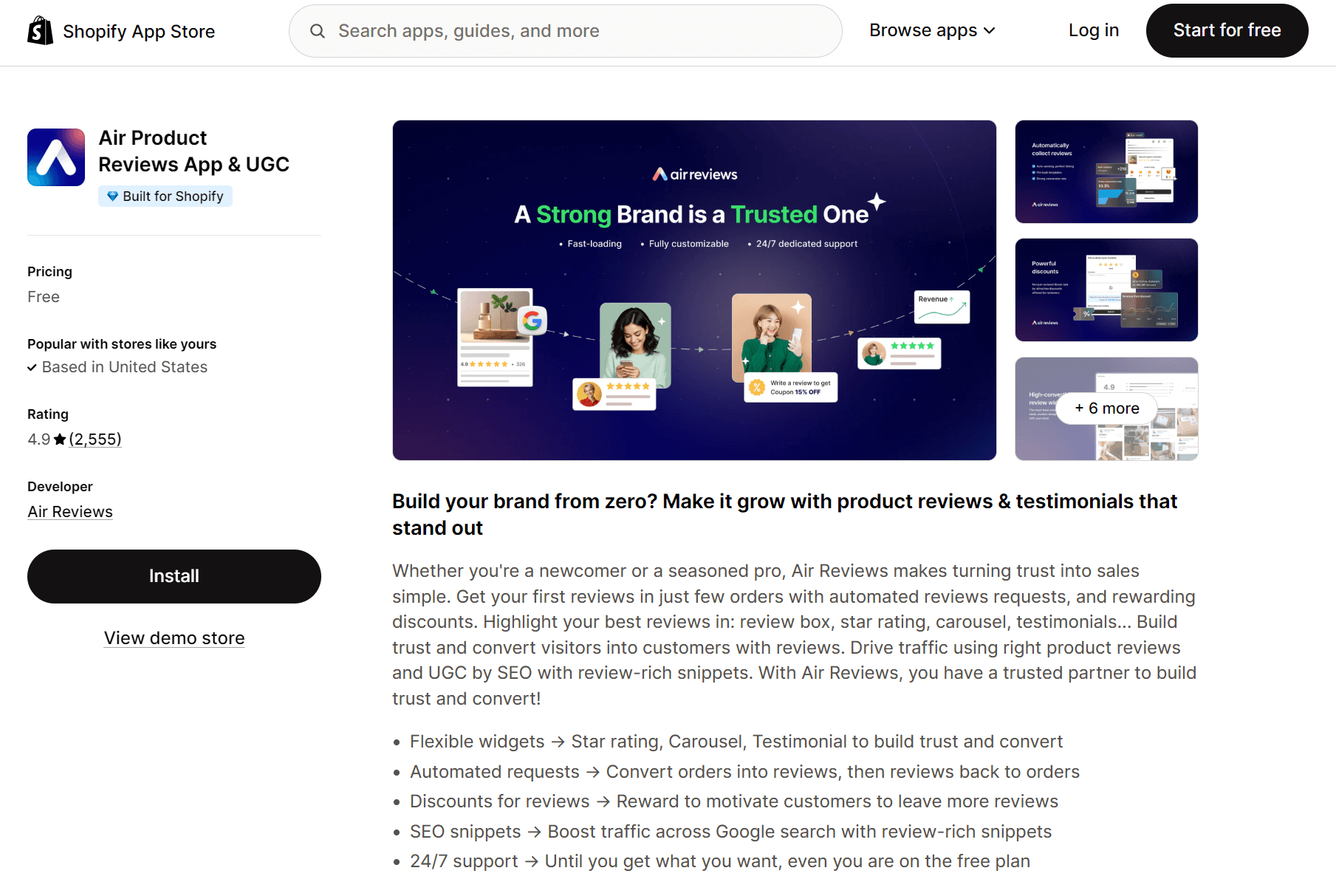 Shopify reviews alternatives: Screenshot of the Shopify App Store page for Air Product Reviews App & UGC, showing app details, key features, pricing info, a large banner reading A Strong Brand is a Trusted One, and an Install button on the left.