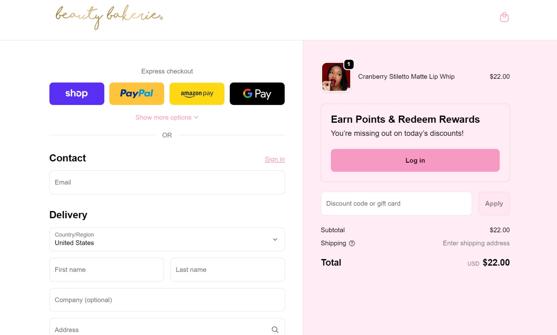 Marketing funnel: A checkout page for Beauty Bakerie displays express payment options, contact and delivery fields, and an order summary for a Cranberry Stiletto Matte Lip Whip costing $22.00 with options to log in or enter a discount code.